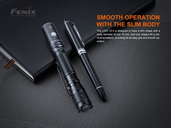 Fenix LD22 V2 800 Lumen Slim LED Tactical Flashlight, Rechargeable Battery, 2 X AA Batteries with EdisonBright Charging Adapter For Sale