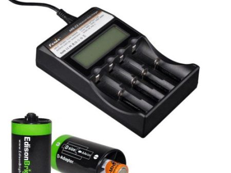 Fenix ARE-C2 four bays Li-ion  Ni-MH advanced universal smart battery charger with Two Edisonbright AA->D battery spacer shells Supply