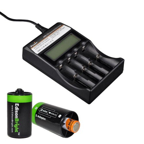 Fenix ARE-C2 four bays Li-ion  Ni-MH advanced universal smart battery charger with Two Edisonbright AA->D battery spacer shells Supply