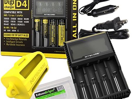 Nitecore D4 Digital Smart Battery Charger for Li-ion Ni-MH Ni-CD with 12V DC Car Adapter, NBM40 18650 Battery Magazine & EdisonBright Battery Carry Case Supply