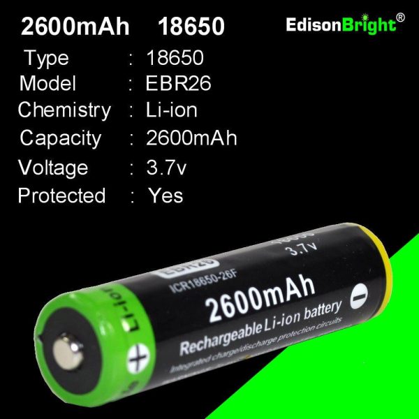 Brand New 2 Pack Genuine EdisonBright EBR26 2600mAh 18650 Li-ion 3.7v rechargeable protected batteries Sale