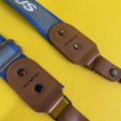 Original Olympus Blue and Grey SLR Camera Strap with Brown Leather Clasps For Discount