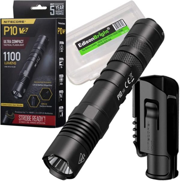 Nitecore P10 V2 1100 Lumen LED Tactical Flashlight with Hard Holster and EdisonBright battery carrying case Sale