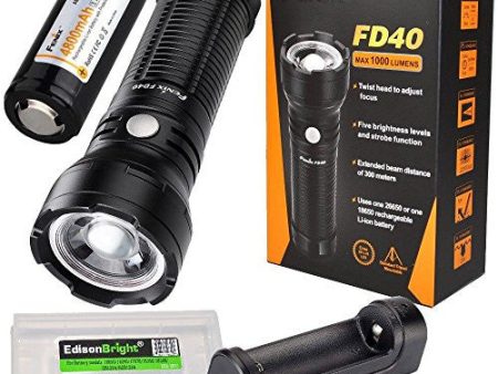 Fenix FD40 1000 Lumen CREE LED variable beam Flashlight with ARB-L4-4800 26650 battery, ARE-X1 Charger and EdisonBright brand battery carry case For Discount