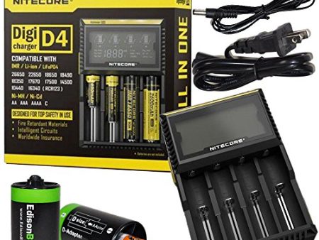 Nitecore D4 smart Charger 2015 version with LCD Display with 12V DC Cable & 2X EdisonBright AA to D Battery Converter Spacers For Discount