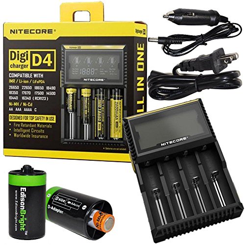 Nitecore D4 smart Charger 2015 version with LCD Display with 12V DC Cable & 2X EdisonBright AA to D Battery Converter Spacers For Discount