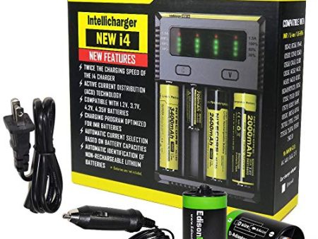 NITECORE i4 Battery Charger for Li-ion IMR   18650 16340 RCR123 14500 AA AAA AAAA Types w Ac and 12V DC (Car) Power Cords, 2 X EdisonBright AA to D Type Battery Spacer converters Cheap