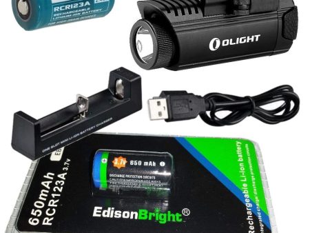 EdisonBright Olight PL1-II Valkyrie 450 lumen LED dedicated pistol light with Olight RCR123A lithium-ion battery, RCR123 battery and charger bundle Supply