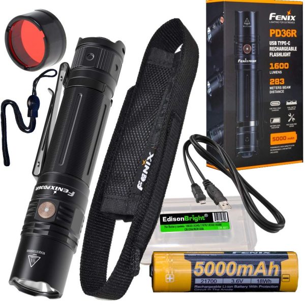 Fenix PD36R 1600 Lumen rechargeable CREE LED tactical Flashlight, red filter with EdisonBright charging cable carry case bundle Online Hot Sale