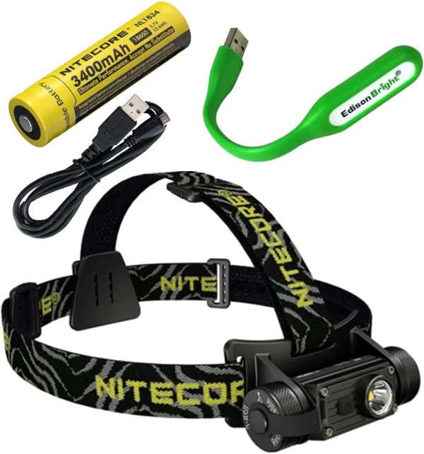 Nitecore HC60 V2 1200 Lumens LED Compact headlamp with NL1834 Rechargeable Battery and EdisonBright USB Powered LED Reading Light Online now