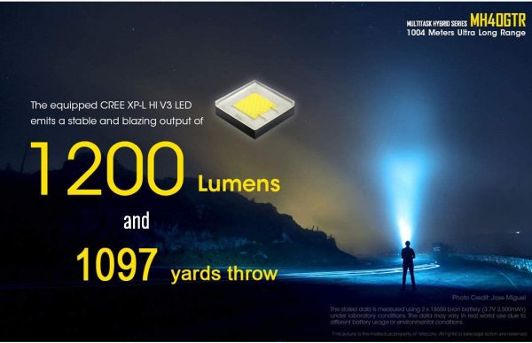 Nitecore Black MH40GTR 1200 Lumens CREE-XP HI V3 LED Ultra Long Range Duel-Fuel Hunting Flashlight with Two Li-ion 18650 rechargeable 2600mAh batteries. on Sale