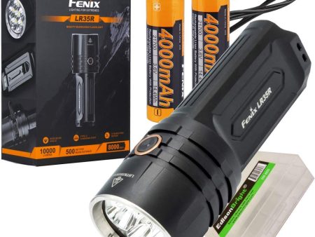 Fenix LR35R 10,000 lumen LED rechargeable tactical flashlight with 2 X Fenix Li-ion rechargeable batteries and EdisonBright battery carrying case bundle on Sale