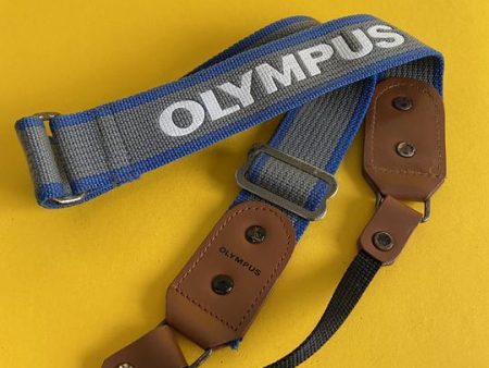 Original Olympus Blue and Grey SLR Camera Strap with Brown Leather Clasps For Discount