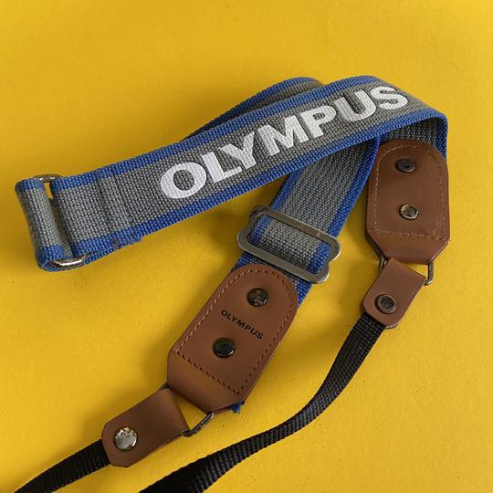 Original Olympus Blue and Grey SLR Camera Strap with Brown Leather Clasps For Discount