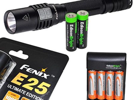 Fenix E25 Ultimate edition (E25UE) 1000 lumen CREE XP-L LED Flashlight with two NiMH rechargeable AA Batteries, Charger & Two EdisonBright AA Alkaline batteries Sale