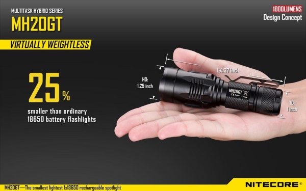 Nitecore Multitask Hybrid MH20GT USB Rechargeable Palm-Sized Spotlight  CREE XP-L HI V3 LED 1000 Lumens  Uses 1 x 18650 or 2 x CR123As batteries Online Sale