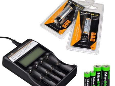 Fenix ARE-C2 four bays Li-ion  Ni-MH advanced universal smart battery charger, Two Fenix 18650 ARB-L2 2600mAh rechargeable batteries (For PD35 PD32 TK22 TK75 TK11 TK15 TK35 TK51) with EdisonBright Batteries sampler pack Supply