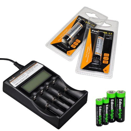 Fenix ARE-C2 four bays Li-ion  Ni-MH advanced universal smart battery charger, Two Fenix 18650 ARB-L2 2600mAh rechargeable batteries (For PD35 PD32 TK22 TK75 TK11 TK15 TK35 TK51) with EdisonBright Batteries sampler pack Supply