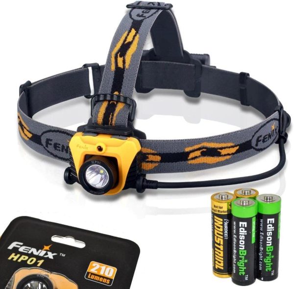 Fenix HP01 210 Lumen CREE XP-G (R5) LED Headlamp (Orange) with four AA Alkaline batteries including two EdisonBright AA alkaline batteries For Cheap