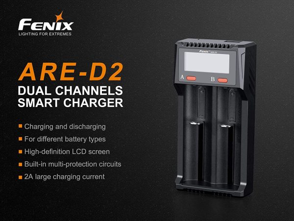 Fenix are-D2 USB Powered Two Bay Smart Battery Charger for 21700 18650 16340 with EdisonBright BBX5 Battery Carry case Discount