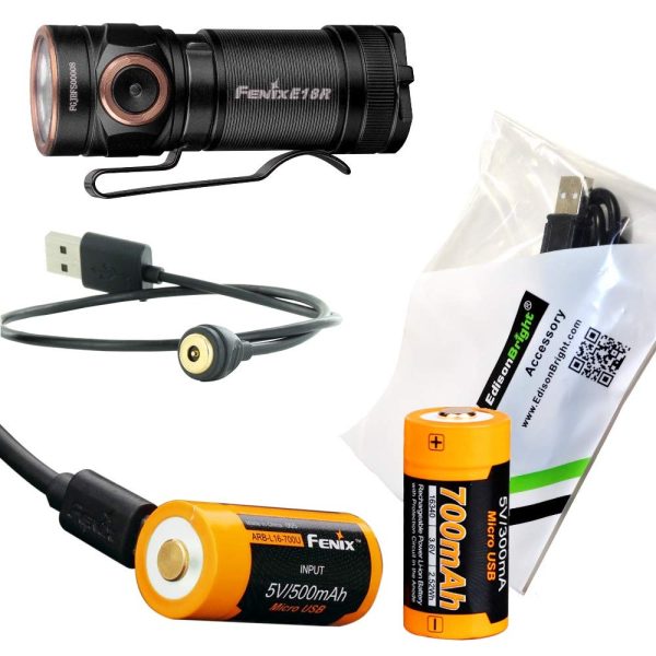 Fenix E18R 750 Lumen CREE LED USB rechargeable compact keychain Flashlight, additional rechargeable battery with EdisonBright charging cable bundle For Discount