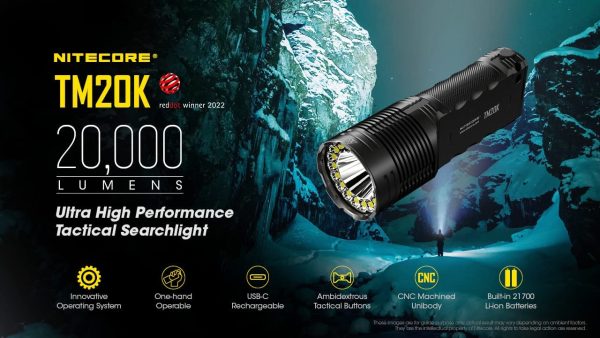 Nitecore TM20K 20,000 Lumen Rechargeable LED Flashlight with EdisonBright Brand Charging Adapter Bundle Supply