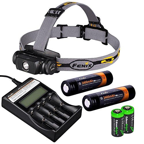 Fenix HL55 900 Lumen CREE XM-L2 T6 LED Headlamp with Fenix ARE-C2 four bays advanced digital battery charger, 2 X Fenix 18650 ARB-L2S 3400 mAh rechargeable batteries and two EdisonBright CR123A Lithium batteries Sale