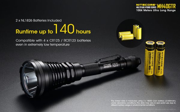 Nitecore Black MH40GTR 1200 Lumens CREE-XP HI V3 LED Ultra Long Range Duel-Fuel Hunting Flashlight with Two Li-ion 18650 rechargeable 2600mAh batteries. on Sale