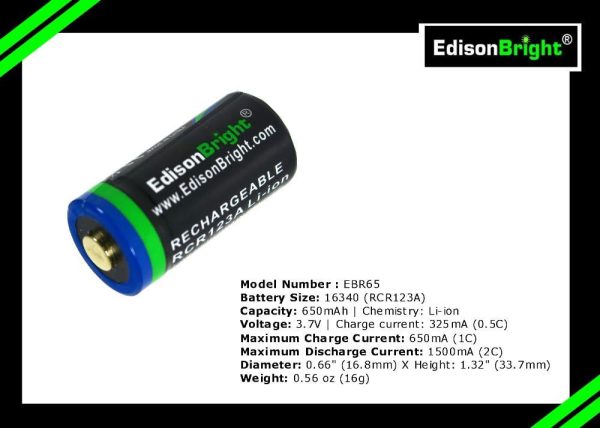 8 Pack Brand New EdisonBright EBR65 16340 (RCR123A) rechargeable Li-ion batteries Online now