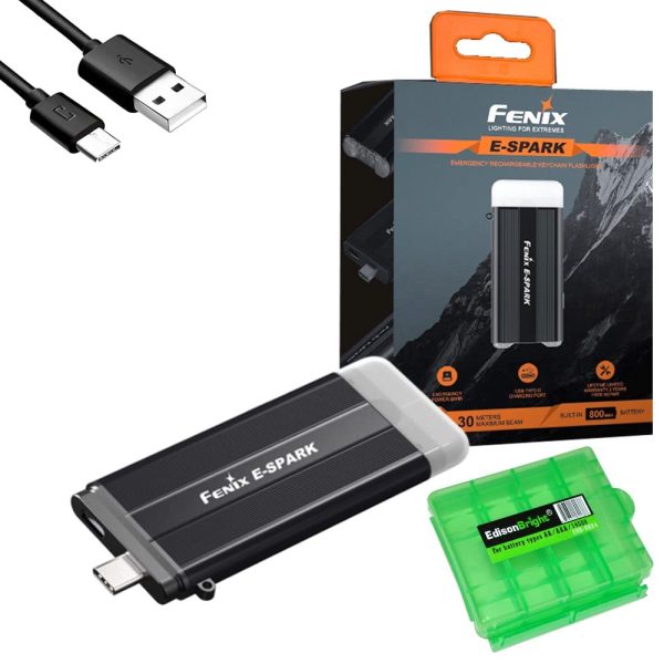 Fenix E-Spark Rechargeable 100 Lumen Keychain Flashlight with Power Bank Function, Charging Cable Carry case Bundle Supply