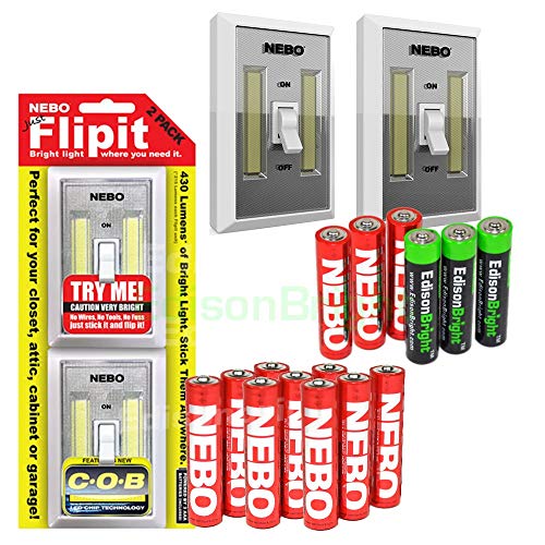 4 Pack Nebo Flipit 215 Lumen COB LED Magnetic Room Closet shed Light 6523 with 3 X EdisonBright AAA Alkaline Batteries Bundle Sale