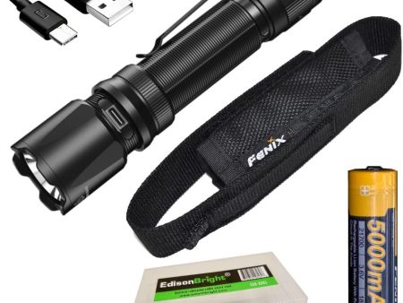 Fenix TK20R V2 Rechargeable 3000 Lumen LED Tactical Flashlight with, 5000mAh Rechargeable Battery, USB Charging Cable and EdisonBright Battery Carrying case Bundle Supply