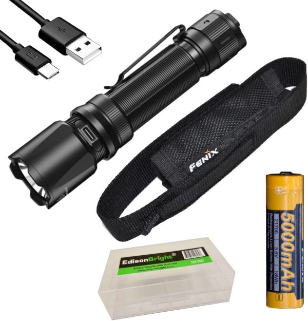 Fenix TK20R V2 Rechargeable 3000 Lumen LED Tactical Flashlight with, 5000mAh Rechargeable Battery, USB Charging Cable and EdisonBright Battery Carrying case Bundle Supply