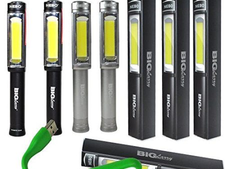 Two color 4 lights bundle: Nebo Big Larry 400 lumen Flashlight 6306 COB LED Magnetic Worklight (Two each Black & Grey) with Six Nebo AA batteries and EdisonBright USB powered reading light bundle Online now