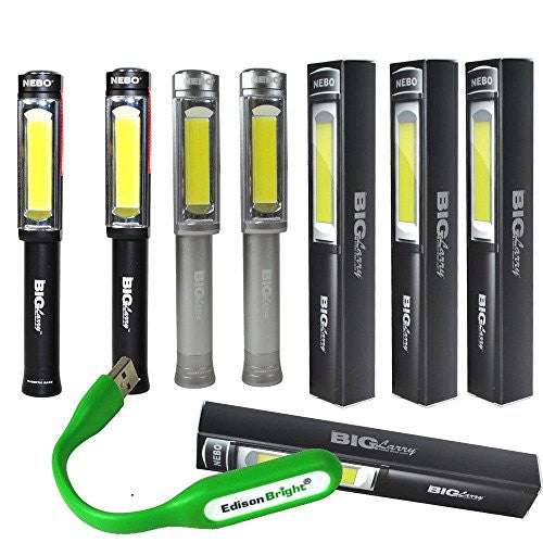 Two color 4 lights bundle: Nebo Big Larry 400 lumen Flashlight 6306 COB LED Magnetic Worklight (Two each Black & Grey) with Six Nebo AA batteries and EdisonBright USB powered reading light bundle Online now