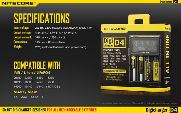 Nitecore D4 4 Slot Smart Battery Charger for Li-ion, IMR, LiFePO4 26650 18650 18350 16340 RCR123 14500 Ni-MH Ni-Cd AA AAA AAAA C Batteries w  8 x EdisonBright Ni-MH Rechargeable AA Batteries Bundle Fashion