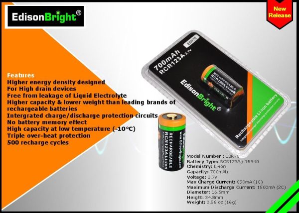 Brand New EdisonBright EBR70 700mAh Li-ion rechargeable RCR123A (16340) For Cheap