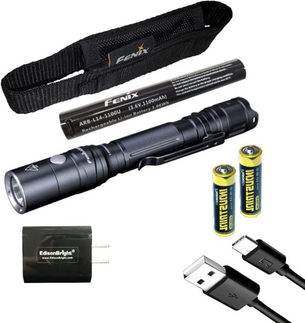 Fenix LD22 V2 800 Lumen Slim LED Tactical Flashlight, Rechargeable Battery, 2 X AA Batteries with EdisonBright Charging Adapter For Sale