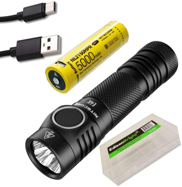 Nitecore E4K 4400 Lumen high powered Flashlight with 5000 mAh rechargeable Battery and EdisonBright battery carrying Case bundle Hot on Sale