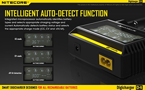 Nitecore D4 smart Charger 2015 version with LCD Display with 12V DC Cable & 2X EdisonBright AA to D Battery Converter Spacers For Discount