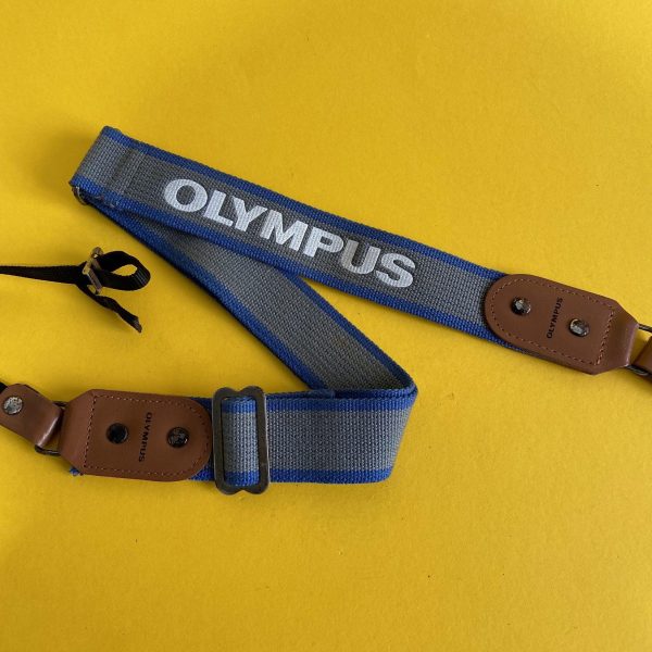 Original Olympus Blue and Grey SLR Camera Strap with Brown Leather Clasps For Discount