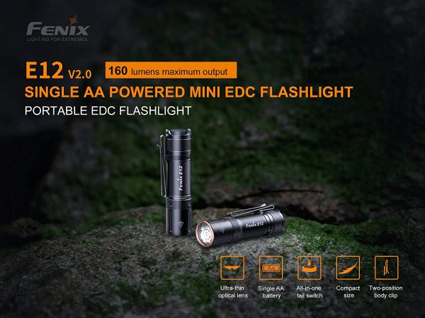 Fenix E12 V2 160 Lumen LED flashlight with EdisonBright AA alkaline battery bundle Discount