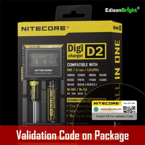 Nitecore D2 DigiCharger, car charger cord with EdisonBright battery carry case bundle For Li-ion, IMR, LiFePO4 26650 22650 18650 17670 18490 17500 18350 16340 RCR123 14500 10440 Ni-MH And Ni-Cd AA AAA AAAA C Rechargeable Batteries Supply