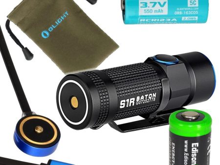 Olight S1R Turbo S rechargeable 900 Lumens CREE XP-L LED Flashlight EDC with RCR123 Li-ion battery, flex magnetic USB charging cable and EdisonBright CR123A Lithium back-up Battery bundle Sale