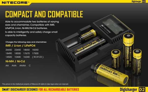 Nitecore D2 DigiCharger, car charger cord with EdisonBright battery carry case bundle For Li-ion, IMR, LiFePO4 26650 22650 18650 17670 18490 17500 18350 16340 RCR123 14500 10440 Ni-MH And Ni-Cd AA AAA AAAA C Rechargeable Batteries Supply