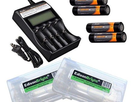 Fenix ARE-C2 four bays Li-ion  Ni-MH advanced universal smart battery charger, Four Fenix 18650 ARB-L2P 3200mAh rechargeable batteries (For PD35 PD32 TK22 TK75 TK11 TK15 TK35 TK51) with 2 X EdisonBright battery carry boxes Online now