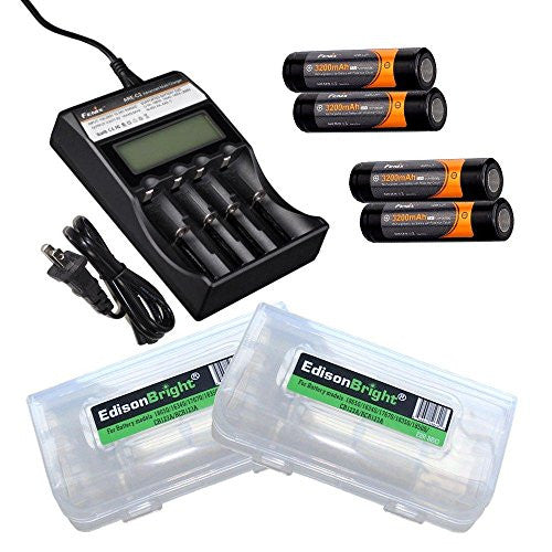 Fenix ARE-C2 four bays Li-ion  Ni-MH advanced universal smart battery charger, Four Fenix 18650 ARB-L2P 3200mAh rechargeable batteries (For PD35 PD32 TK22 TK75 TK11 TK15 TK35 TK51) with 2 X EdisonBright battery carry boxes Online now