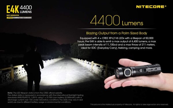 Nitecore E4K 4400 Lumen high powered Flashlight with 5000 mAh rechargeable Battery and EdisonBright battery carrying Case bundle Hot on Sale