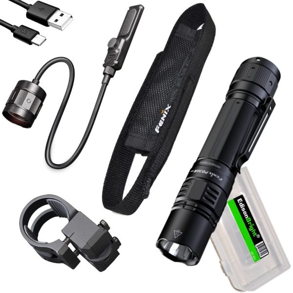 Fenix PD36R Pro 2800 Lumen Rechargeable LED Tactical Flashlight, AER-05 Pressure Switch, ALG-16 Mount with EdisonBright Charging Cable Carry case Bundle Fashion