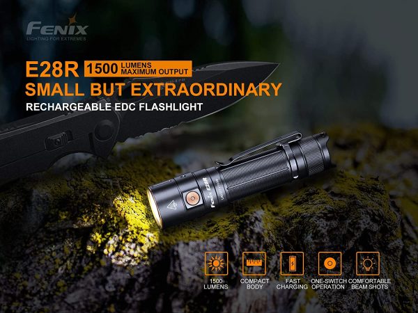 Fenix E28R 1500 Lumen USB-C Rechargeable EDC Flashlight with EdisonBright battery carrying case bundle on Sale